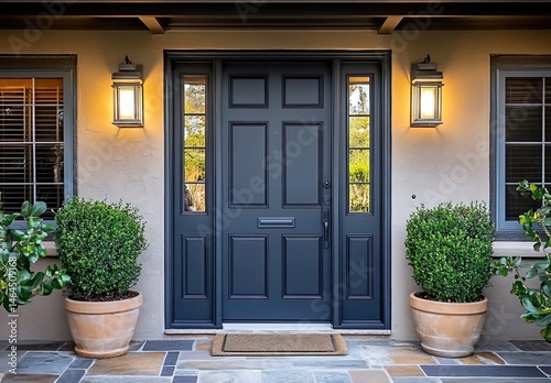 A front-view of a house entrance with a dark-blue door, two sidelight windows, wall-mounted lanterns, and potted plants.