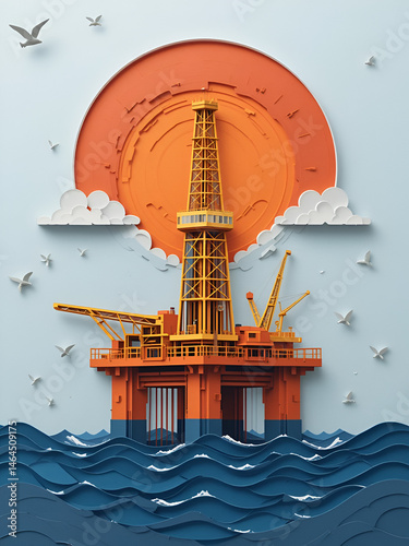 drilling rig for oil production platform in offshore paper art. vector illustration