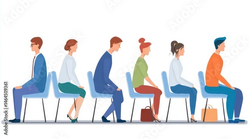 Waiting people seated in a line of chairs.