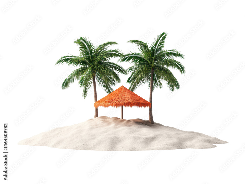 Fototapeta premium Tropical island getaway with palm trees and a thatched hut, cut out
