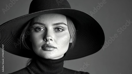 Monochromatic portrait of a young woman wearing a wide-brimmed hat and turtleneck. Soft lighting accentuates her features against a dark background. The image evokes a sense of classic elegance and