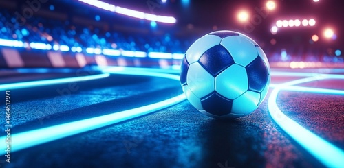 A soccer ball glows with blue neon light on a futuristic field. Illuminated lines curve across the textured surface, while blurred stadium lights and a vibrant crowd create an electrifying atmosphere.