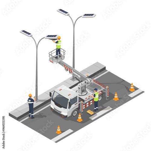 Technicians installing and maintaining solar-powered street lights on a city road using a hydraulic lift truck for safe elevated access isometric isolated