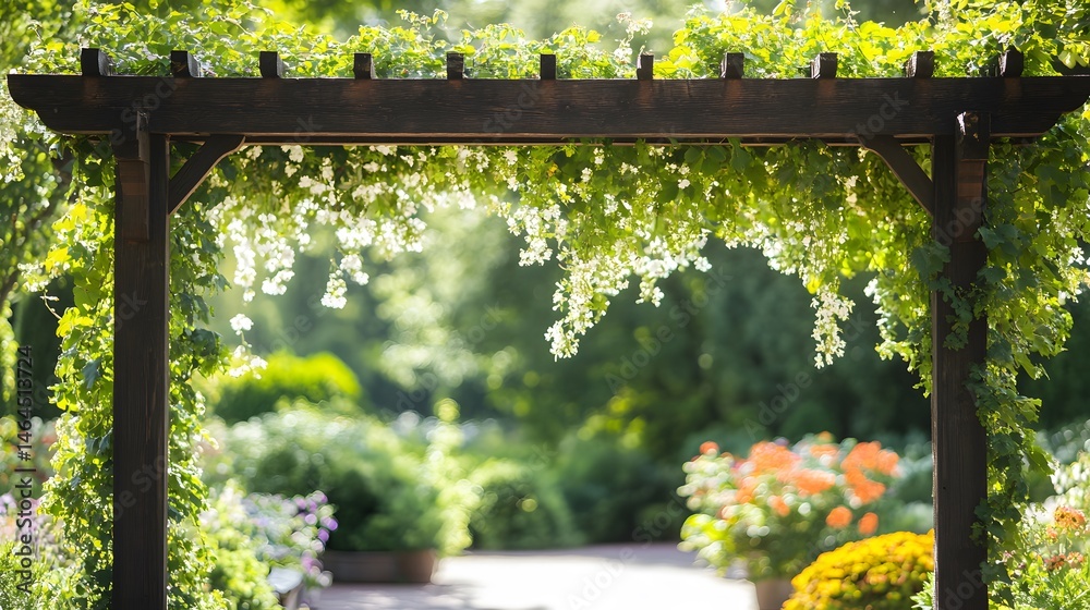 Obraz premium A garden pergola with vines and hanging flowers, wedding setup