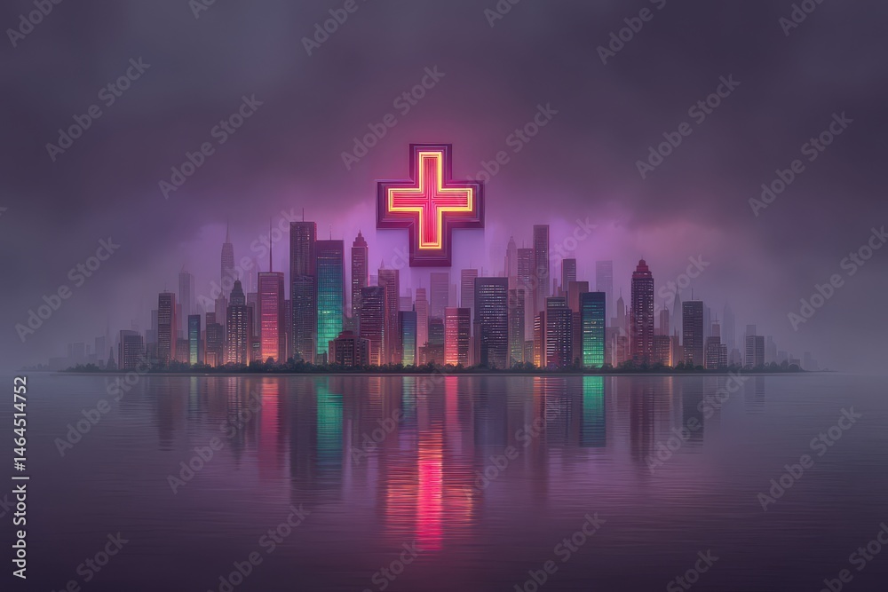 Fototapeta premium Futuristic cityscape illuminated by neon lights reflecting on the tranquil water with a prominent medical cross signifying hope and wellness in an urban environment