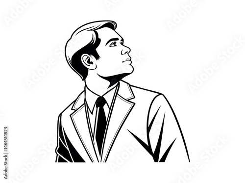 A thoughtful businessman in profile, looking upward. Retro Style Illustration, black and white profile illustration of a man in a suit, man, businessman, profile, suit, tie, formal wear, vintage, clas