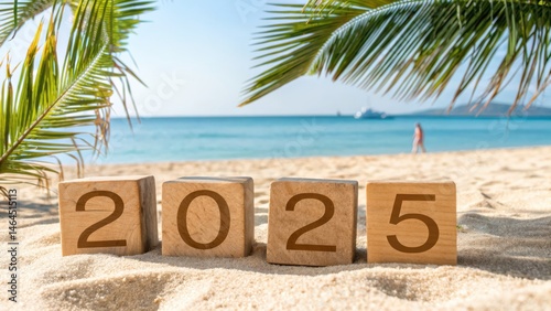 Tropical Beach with Wooden 2025 Blocks and Sunlit Ocean Background