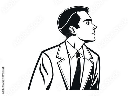 A thoughtful businessman in profile, looking upward. Retro Style Illustration, black and white profile illustration of a man in a suit, man, businessman, profile, suit, tie, formal wear, vintage, clas