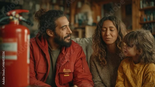 Warm Family Moments in Cozy Cabin with Fire Safety Equipment