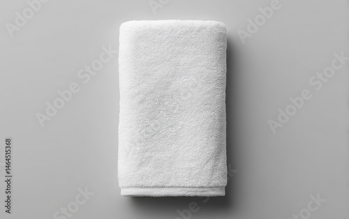 Folded white bath towel on a gray surface.  Folded rectangular towel, pure white color,  soft texture,  simple design,  clean look,  neutral background,  hotel quality,  bathroom accessory
