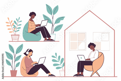 illustration of a young woman relaxing in home office