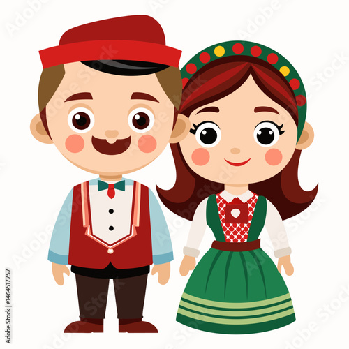 Adorable Cartoon Couple in Traditional Folk Costume
