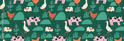 Seamless pattern with farm animals, including cows and pigs, on a green background with trees and barns. Playful and colorful rural theme, ideal for children's textiles, wrapping paper