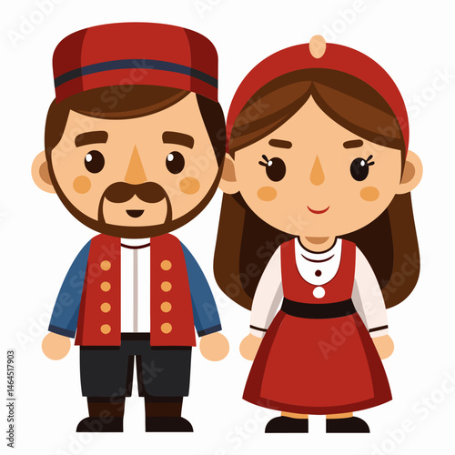 Traditional Folk Costumes. A Charming Cartoon Illustration of a Couple in Cultural Attire