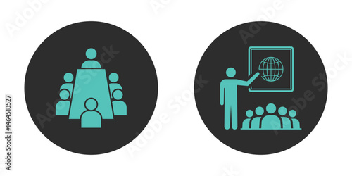 Meeting room icon set. Flat vector icon representing a business conference room. Ideal for corporate websites, mobile apps, and infographics.