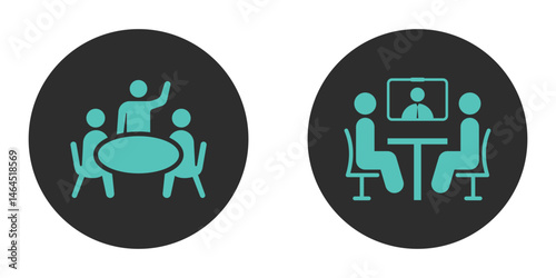 Meeting room icon set. Flat vector icon representing a business conference room. Ideal for corporate websites, mobile apps, and infographics.