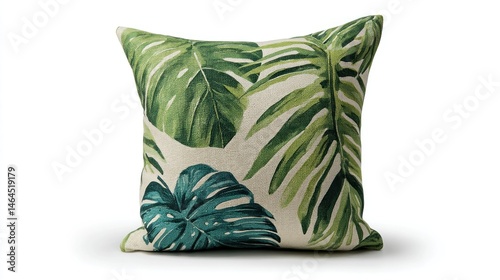 Tropical palm leaf print cushion isolated on white background. 
