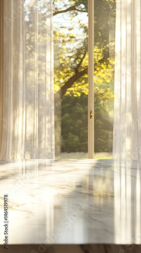 Sunny Day View Through Sheer Curtains Onto Marble Surface
