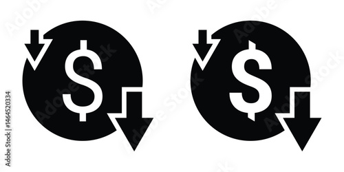Cost reduction icon vector. Dollar sign with downward arrow to symbolize falling costs or discounts. EPS 10 editable vector strokes