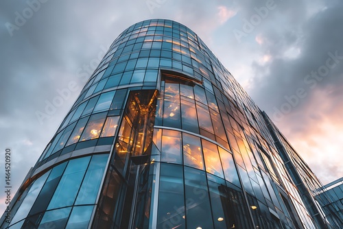 Low angle shot of a modern glass building with a curved design and a glass elevator at dusk, cloudy sky