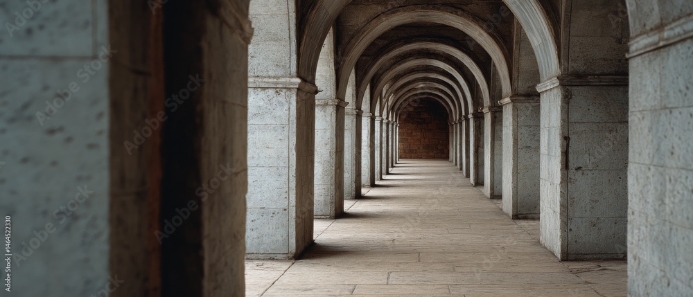 Obraz premium A serene stone corridor stretches endlessly, inviting exploration with its rhythmic arches and gentle play of light and shadow.