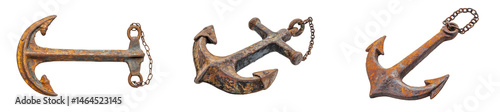 Set of a rusted old ship anchor with chain, isolated on a transparent background.