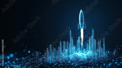 Futuristic rocket launching over cityscape digital art