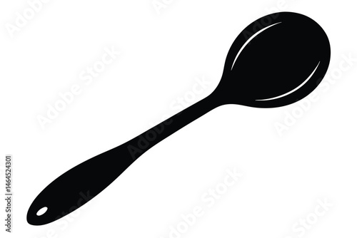 A black serving spoon features a smooth handle and sleek bowl on white