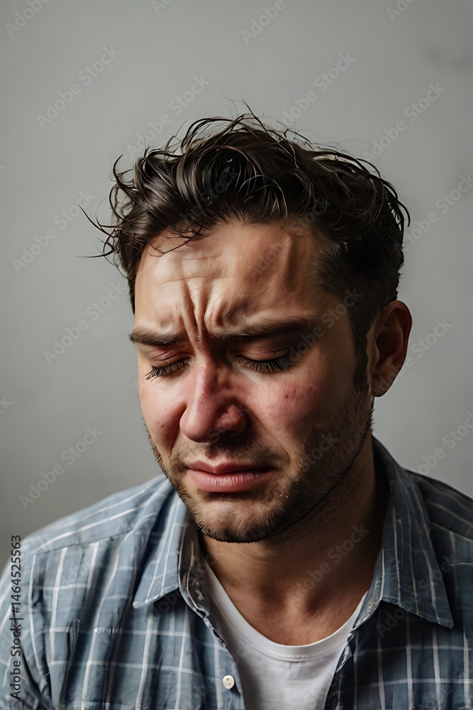Obraz premium A pensive man with a troubled expression, showcasing deep emotions against a neutral background.