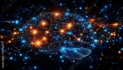 Glowing Blue and Orange Digital Brain Network