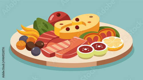 A delectable combination of salty savory and tangy flavors as a selection of meats cheeses and olives come together on one platter.. Vector illustration