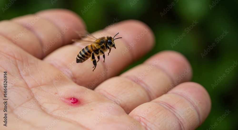 Fototapeta premium Bee flying above swollen hand after sting