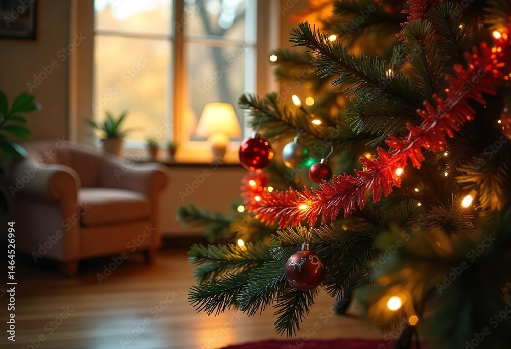 Close-up of a lush Christmas tree decorated with colorful lights and tinsel in a vibrant living room, close up ornament hanging on tree, with hardwood floors, autumn afternoon.