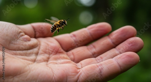 Bee hovering above human hand in nature  