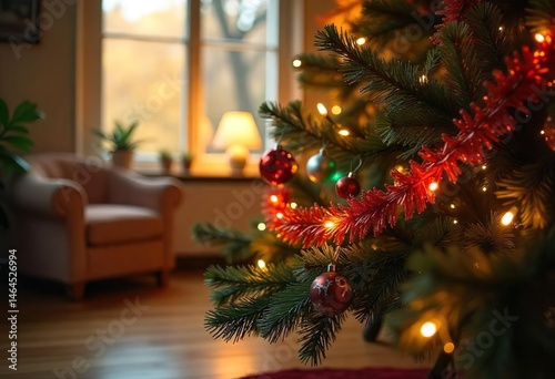 Obraz na płótnie Close-up of a lush Christmas tree decorated with colorful lights and tinsel in a vibrant living room, close up ornament hanging on tree, with hardwood floors, autumn afternoon. w salonie