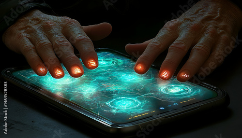 Glowing Hands Interacting with Futuristic Digital Interface
