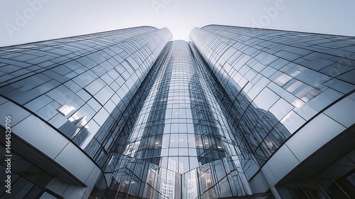 Low angle view of two tall glass buildings against a bright sky showing reflections of other buildings