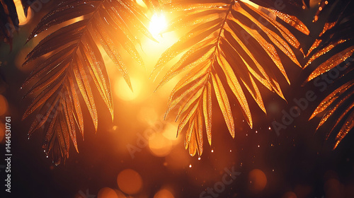 Golden Palm Leaves at Sunset: Warm Tropical Background
