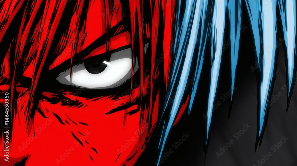 Angry anime character close-up, Red and blue stylized face art, Ideal for manga or action themed visuals