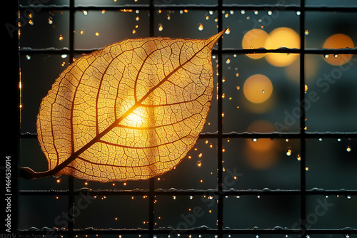 Golden Skeleton Leaf in Rain at Night