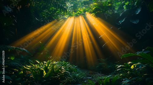Golden Sunlight Rays in Lush Green Forest