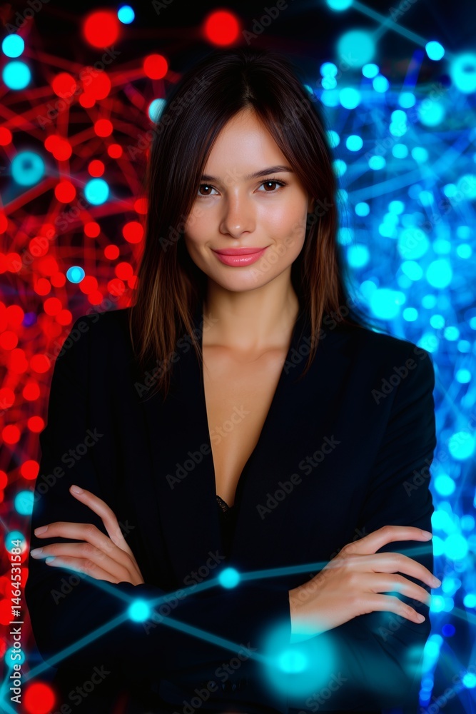 Confident businesswoman with tech lights, Female leader in futuristic network, Concept of innovation or data science