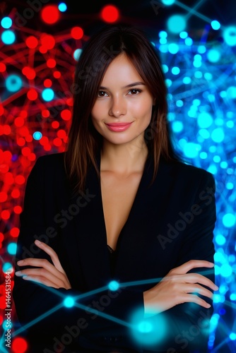 Obraz na płótnie Confident businesswoman with tech lights, Female leader in futuristic network, Concept of innovation or data science w salonie