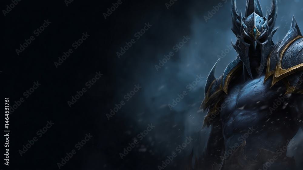 Dark armored warlord with glowing eyes, Powerful fantasy warrior in mist, Ideal for video game or battle concept art