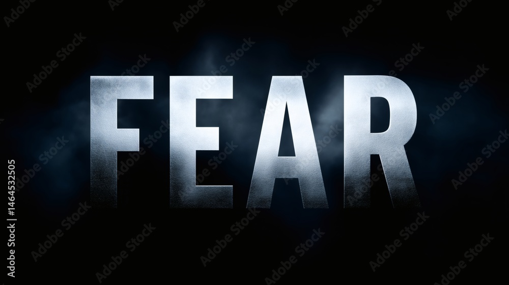 FEAR text with dramatic lighting, Silver metallic letters on dark background, Used in thriller or horror branding visuals