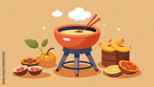 A cozy fall gathering featuring a copper fondue pot holding a savory beer cheese sauce accompanied by soft pretzels grilled sausages and pickled. Vector illustration