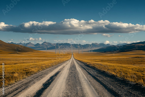 Gravel Road Leading to Wind Turbines in a Mountainous Desert Landscape