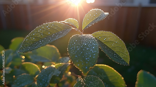 Green Leaves Glistening with Dew in Sunrise Light