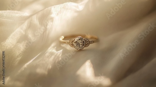 Golden Diamond Ring On White Fabric