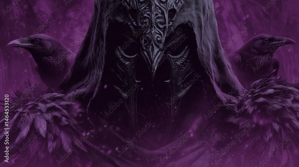 Hooded dark figure with ravens, Gothic fantasy character design, Suitable for magic, myth or dark fantasy themes